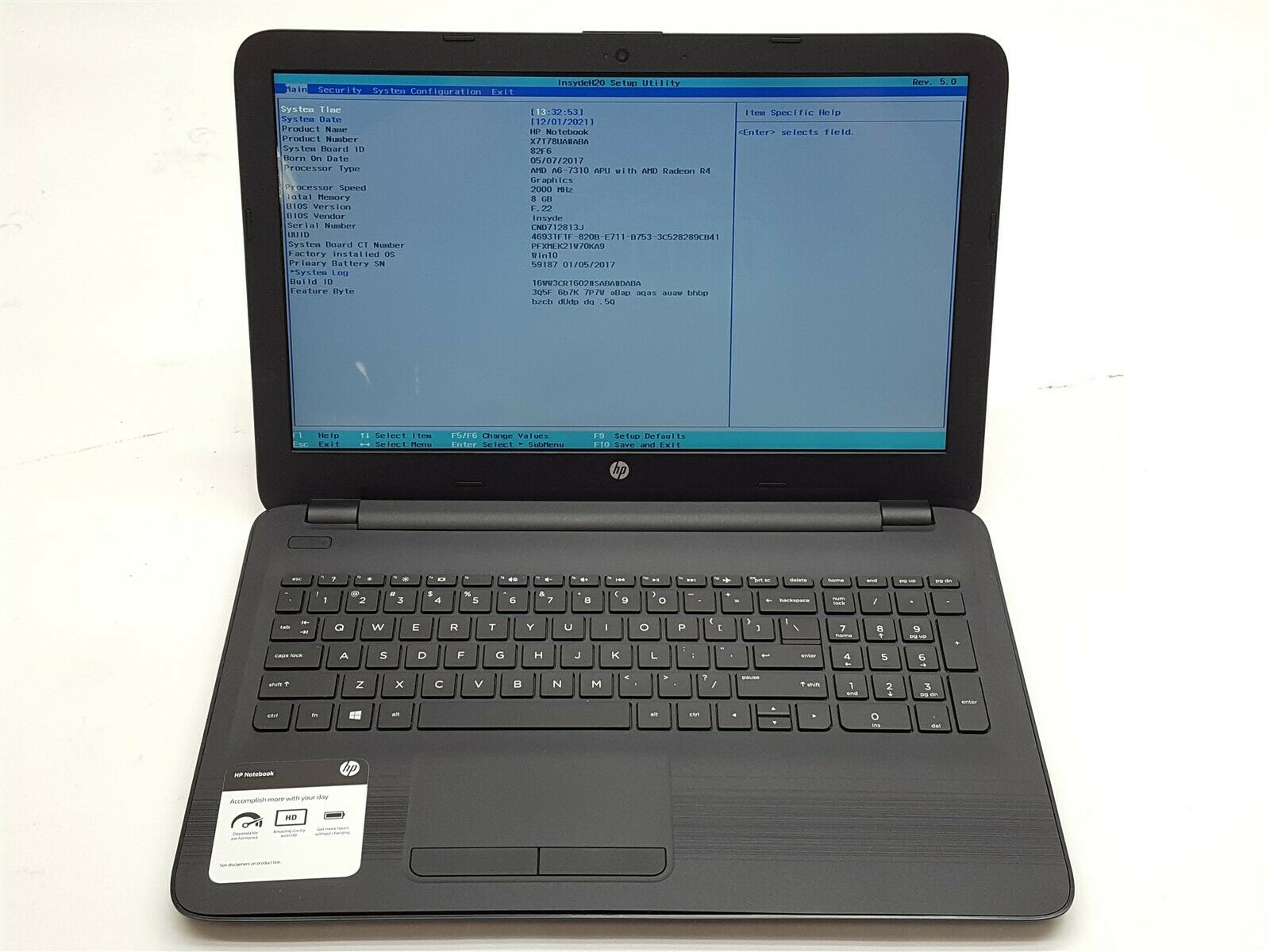 HP Notebook 15-BA009DX 15.6" HD AMD A6-7310 APU 2.00GHZ 8GB 500GB Laptop NO OS