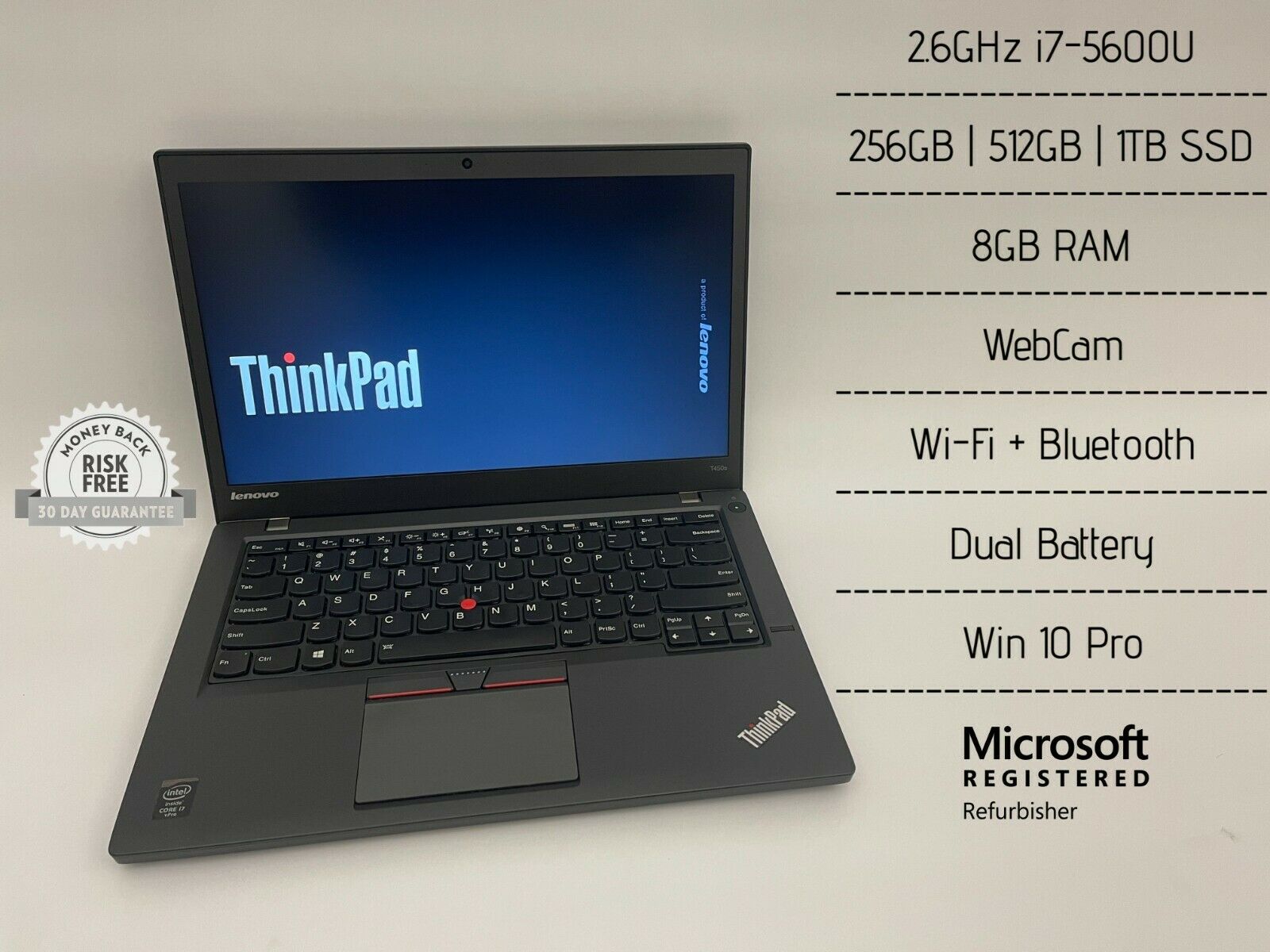 Lenovo ThinkPad T450S 2.6GHz i7-5600U, 8GB RAM, 256/512GB/1TB SSD, FHD, WIN10
