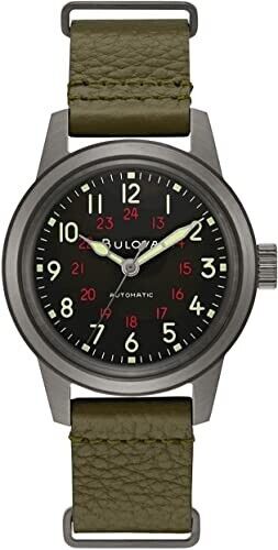 Bulova Hack Men's Automatic Military Green Leather Strap Watch 38MM 98A255
