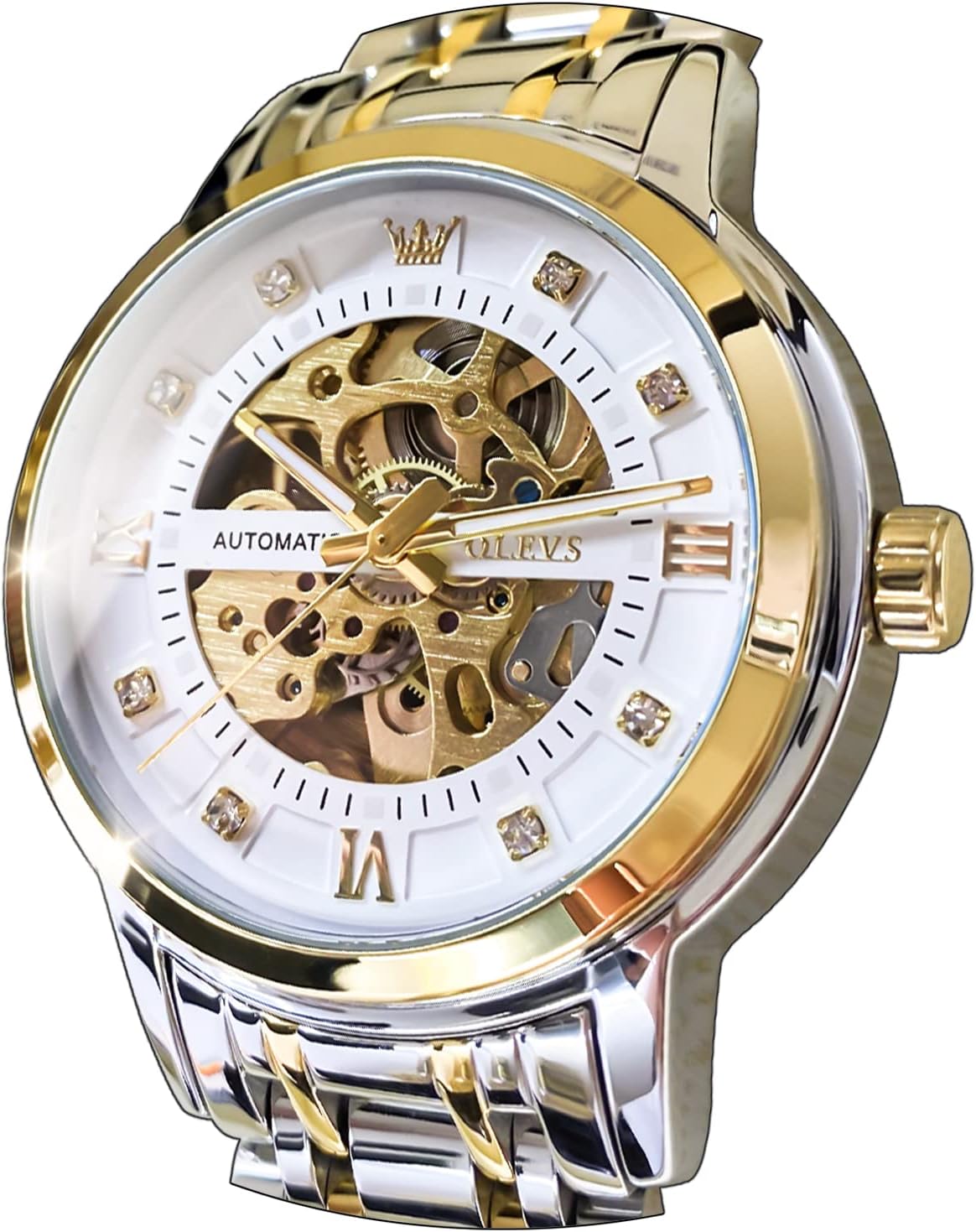 OLEVS Men’s Gold Skeleton Watch Automatic Mechanical self Winding Luxury Dress Stainless Steel Waterproof Luminous Wrist Watches