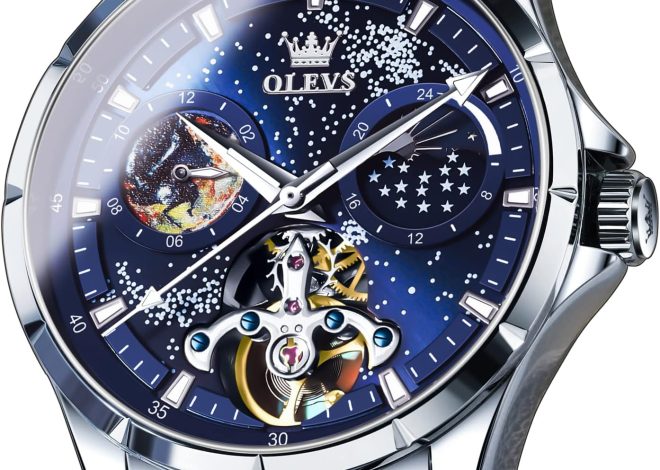 OLEVS Men’s Automatic Mechanical Skeleton Watch Luxury Dress Blue Dial Waterproof Self Winding Moon Phase Stainless Steel Luminous Tourbillon Wrist Watches for Men