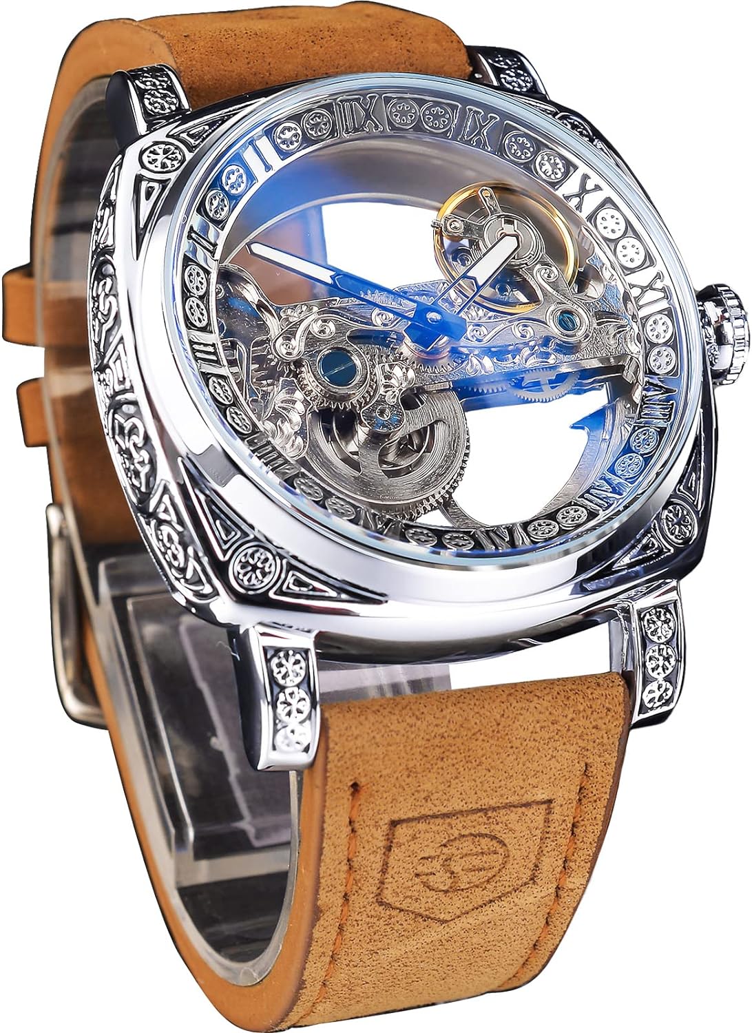 FORSINING Square Carving Mechanical Retro Totem Double Sided Hollow Skeleton Self-Wind Watches