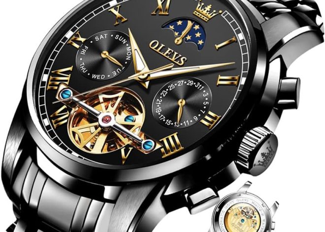 OLEVS Men Watch Automatic Mechanical Skeleton Moon Phase Dress Business Stainless Steel 3AT Waterproof Luminous Men Wrist Watch