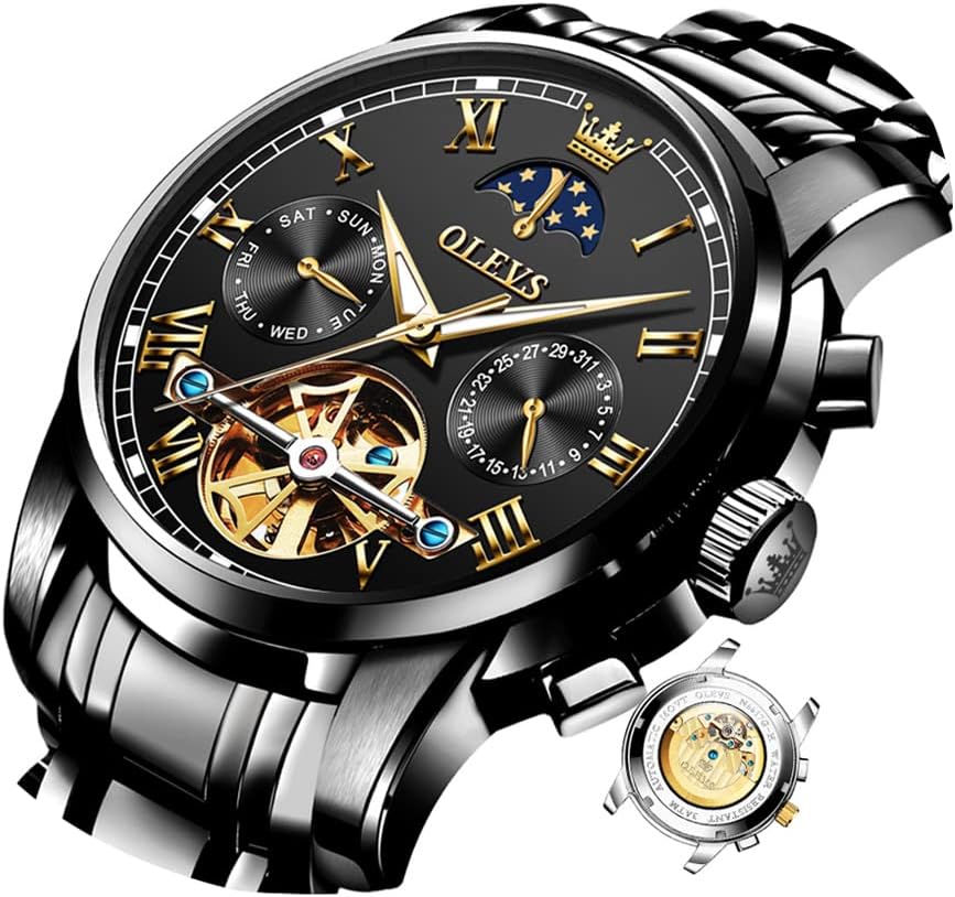 OLEVS Men Watch Automatic Mechanical Skeleton Moon Phase Dress Business Stainless Steel 3AT Waterproof Luminous Men Wrist Watch