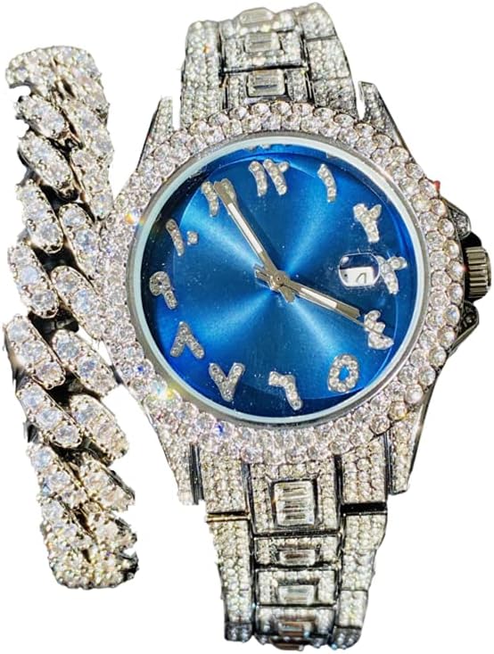 Men’s Round Silver Blue Arabic Dial Wrist Watch Band Luxury Baguette CZ Diamond Iced Bracelet Watch Roman Numeric Dial Watch for Men Women, Miami Cuban Bracelet Combo 8.5″ Iced Bracelet