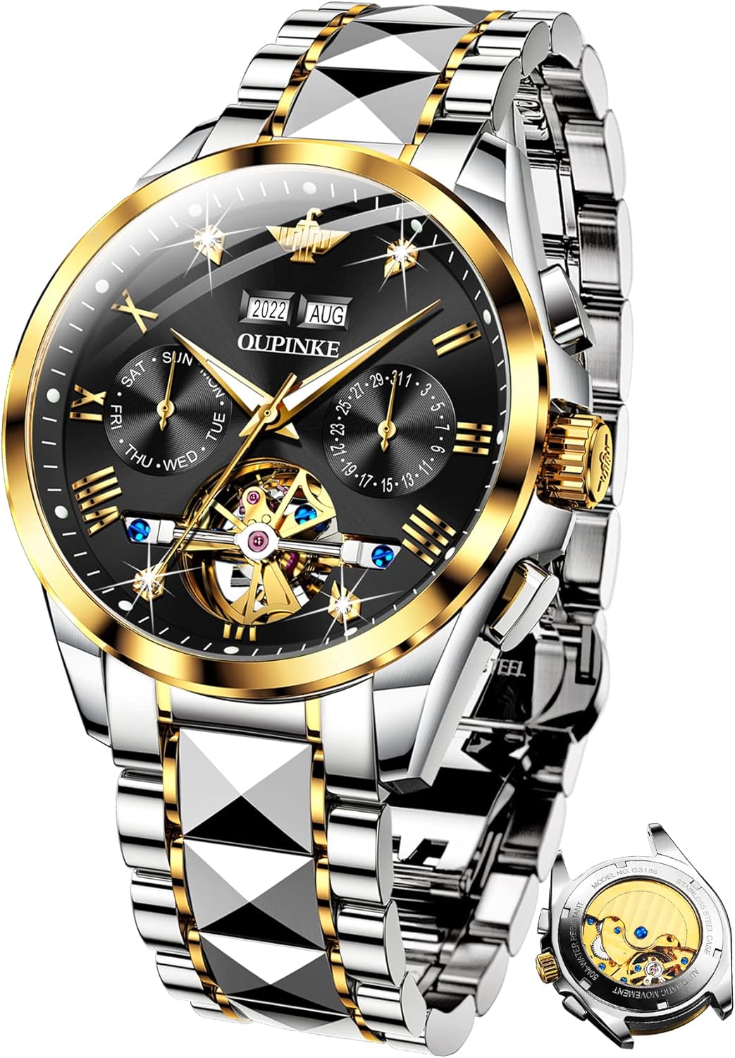 OUPINKE Mens Automatic Watch Diamond Skeleton Mech…