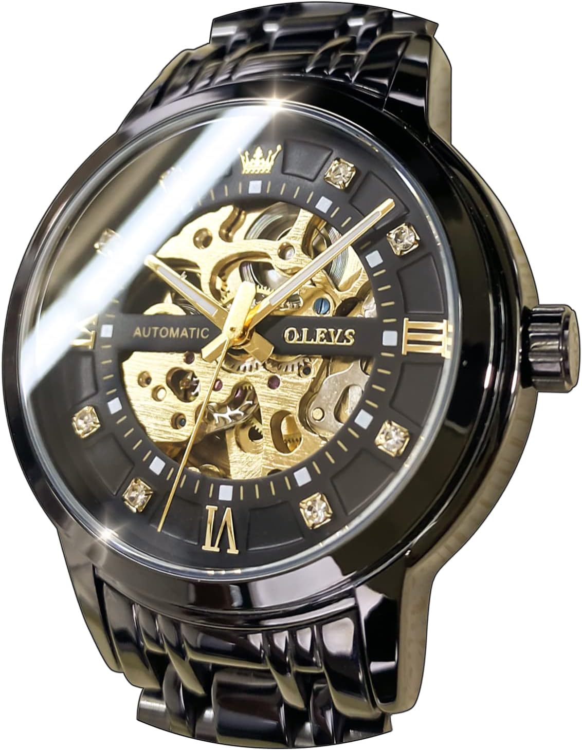 OLEVS Gold Skeleton Automatic Stainless Steel Waterproof Luminous Wrist Watches