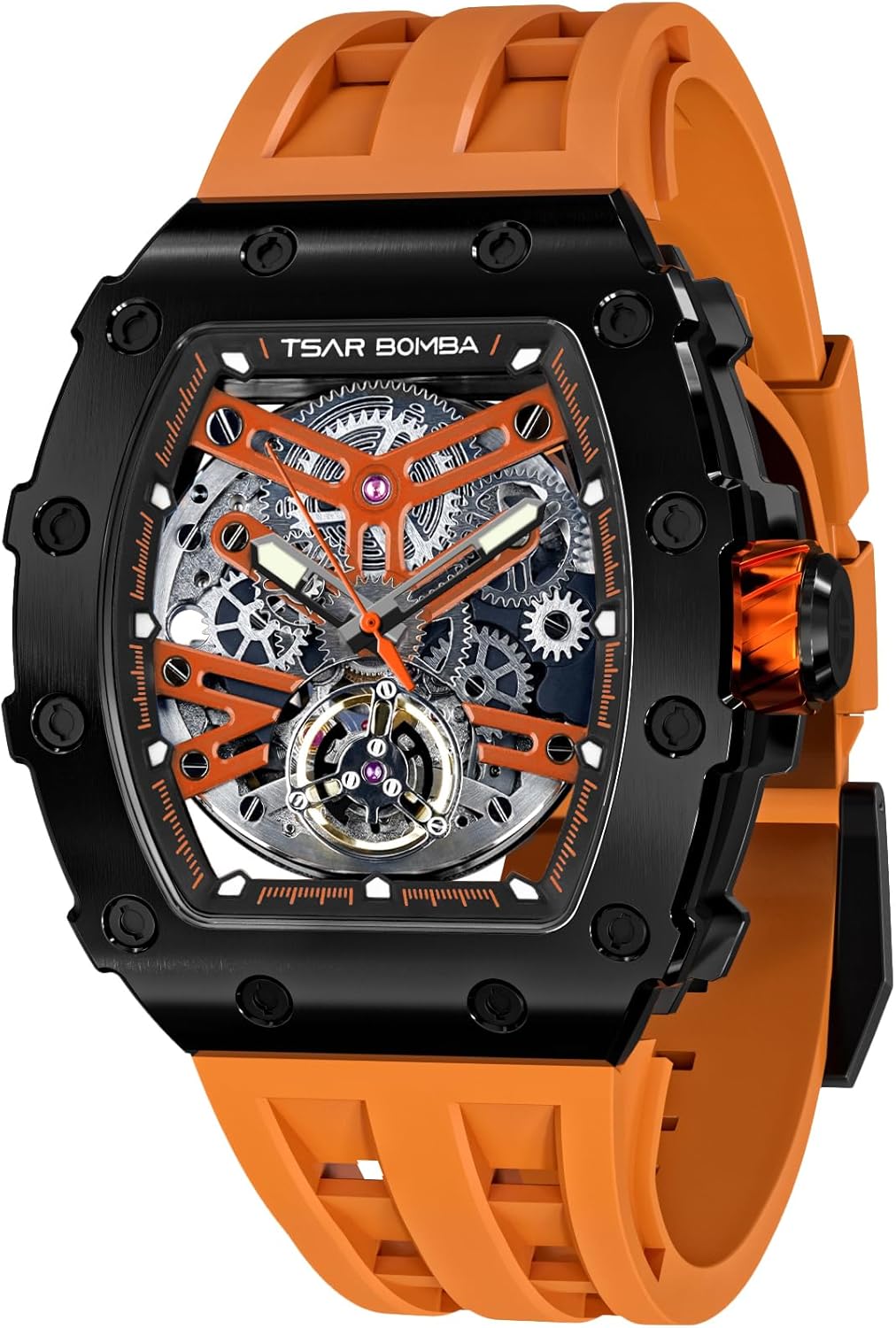 Men’s Automatic Watch Tonneau Luxury Skeleton Watc…