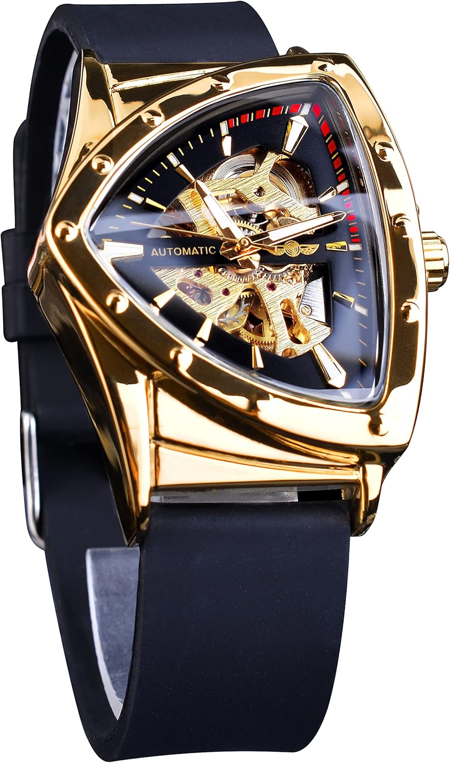 FORSINING Skeleton Watches for Men, Automatic Mechanical Watch with Triangle Dial, Luminous Self Winding Watches Stainless Steel Bracelet or Soft Silicone Strap