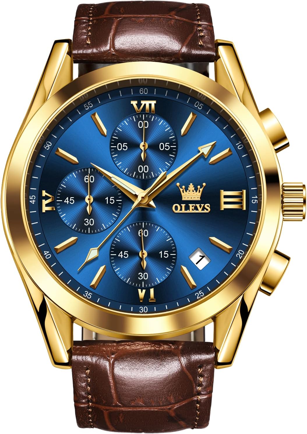 OLEVS Watch for Men Chronograph Brown Leather Gold…